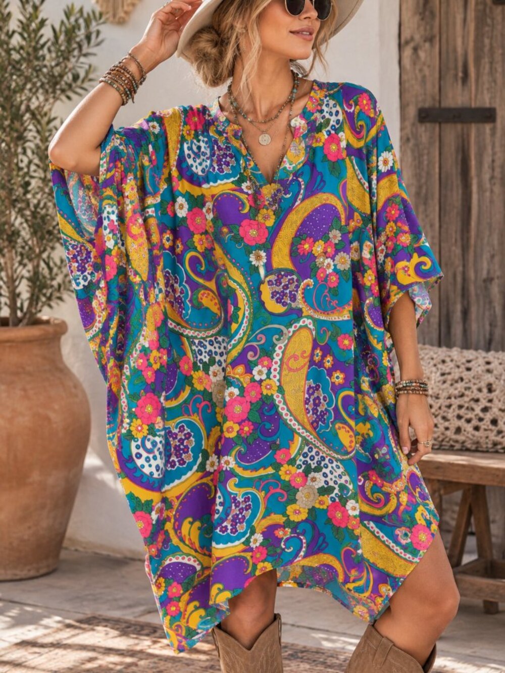 711 - Psychedelic Paisley Floral Kaftan Tunic Kimono Boho